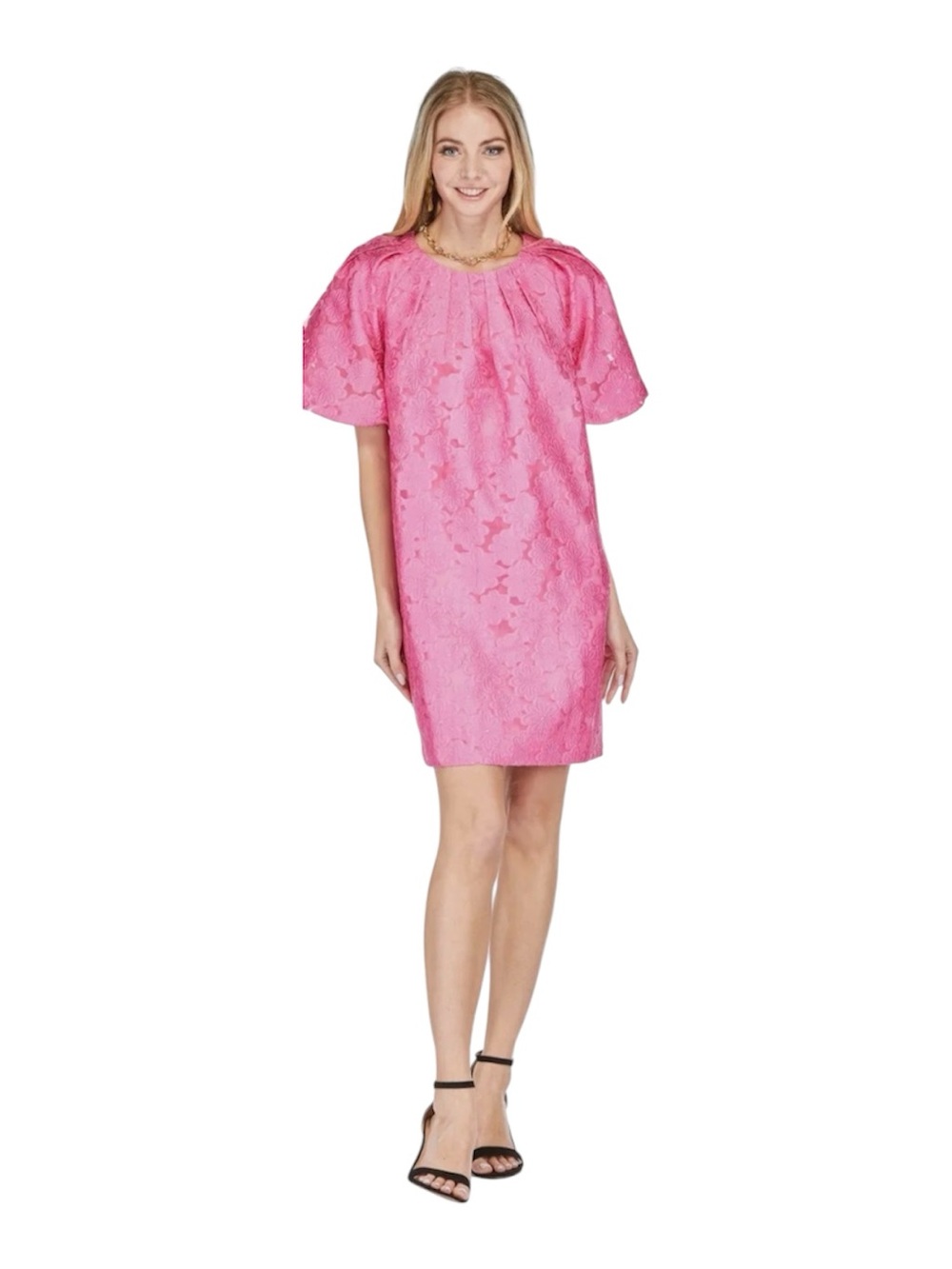NEW JADE MELODY TAM Floral Organza Puff  Sleeve Mini dress in Fuschia. Size XL.